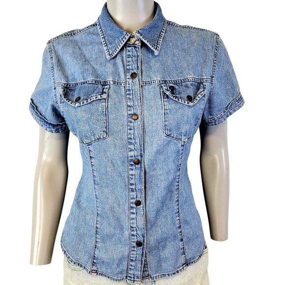 Guess Jeans Vintage 90s Denim Shirt Women Large 12 Short Sleeve Button Collar L - Picture 2 of 15